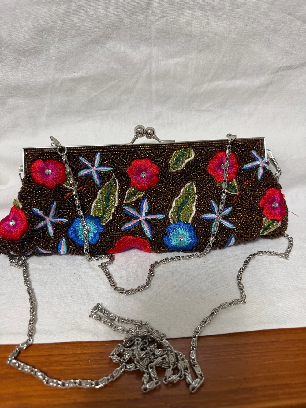Beaded Floral Embroidered Evening Clutch - Brown with Red & Blue Flowers